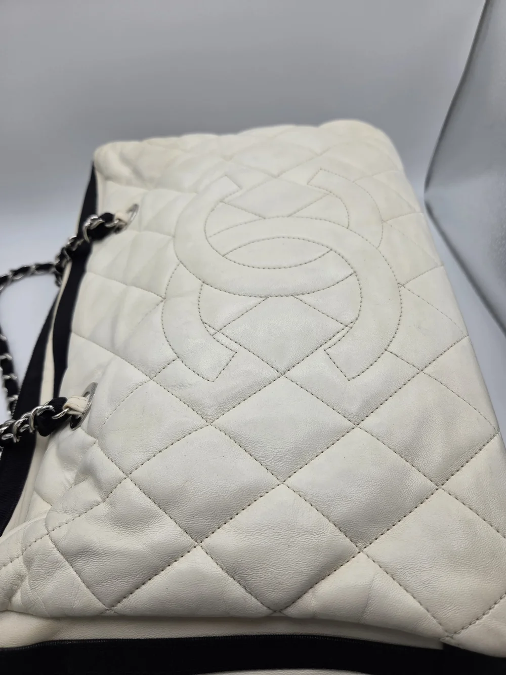 Vintage CHANEL Quilted Shopping Tote White & Black Purse